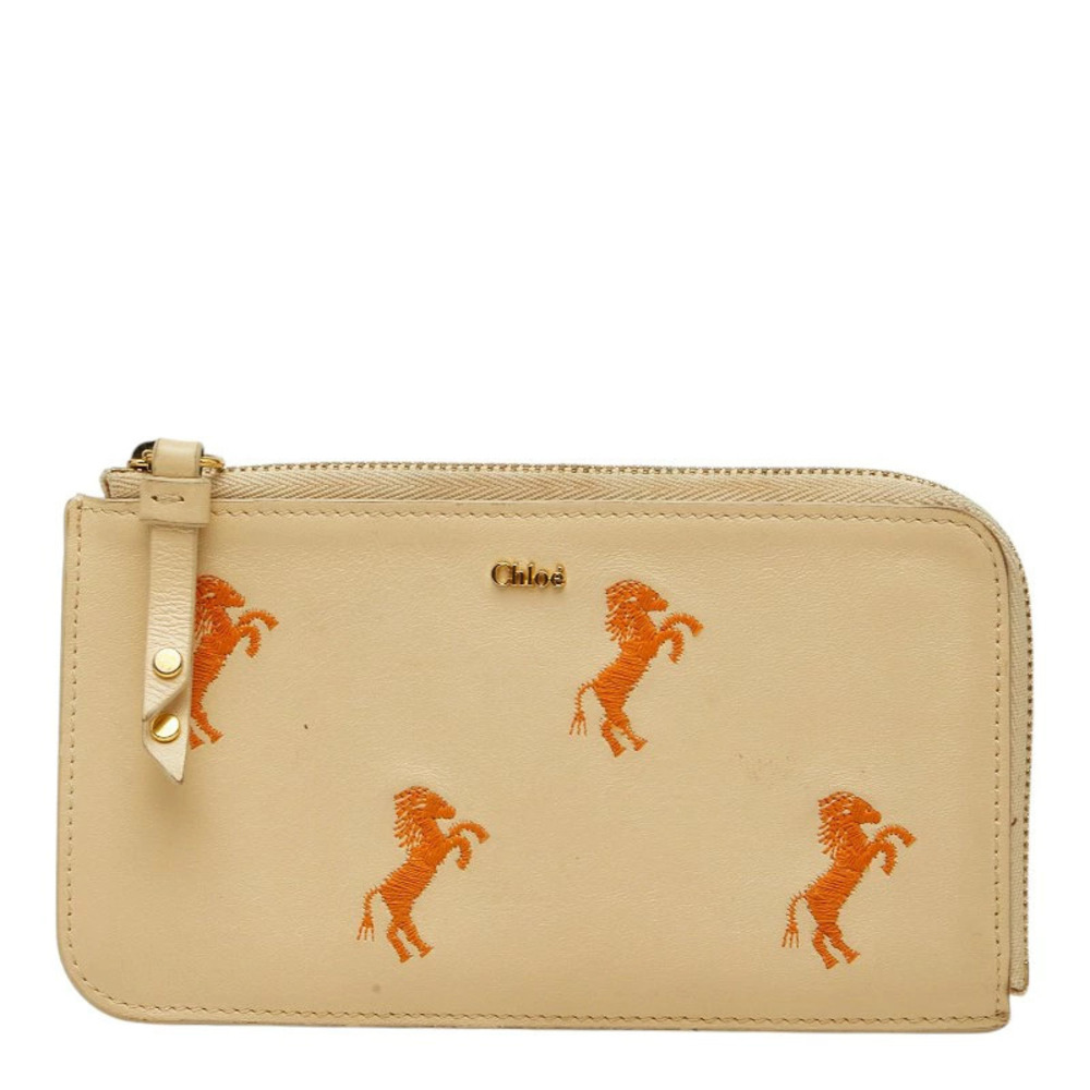 Chloe Horse Round Zipper Card Case Wallet Fragment Beige Cream Leather